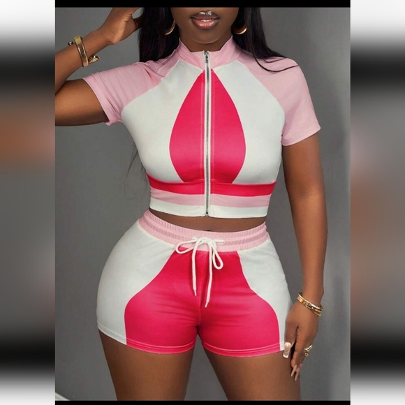 NWT Shein 2X 16W Short Top Co-ord Set Pink Zip Top Fitted Shorts AW-1486 - Picture 6 of 8